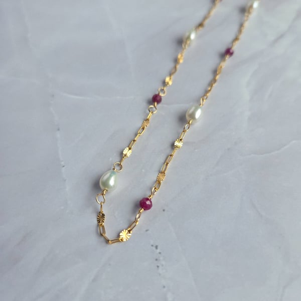 Ruby and Pearl Necklace 14kt Gold Filled - July Birthstone Necklace