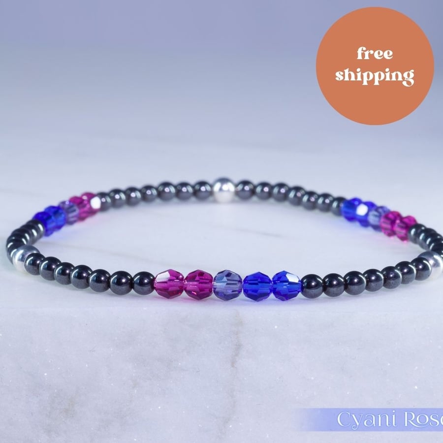 Bracelet Bisexual pride Hematite and Swarovski stretchy handmade