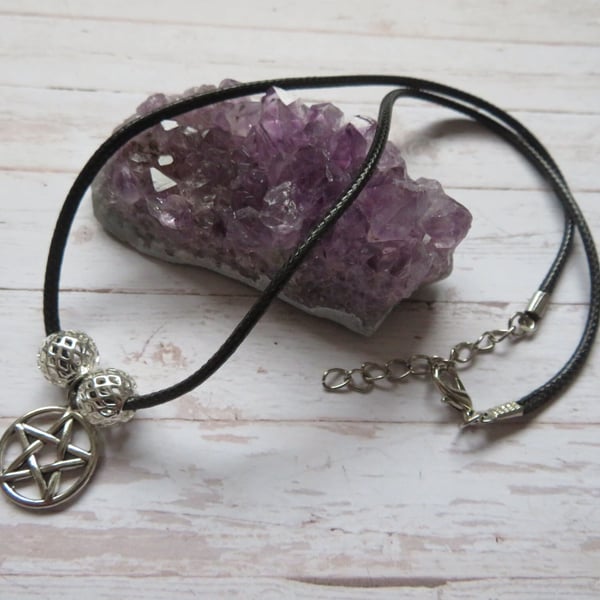 Silver and Black Pentagram Necklace Choker Gothic Goth Witch Alternative 