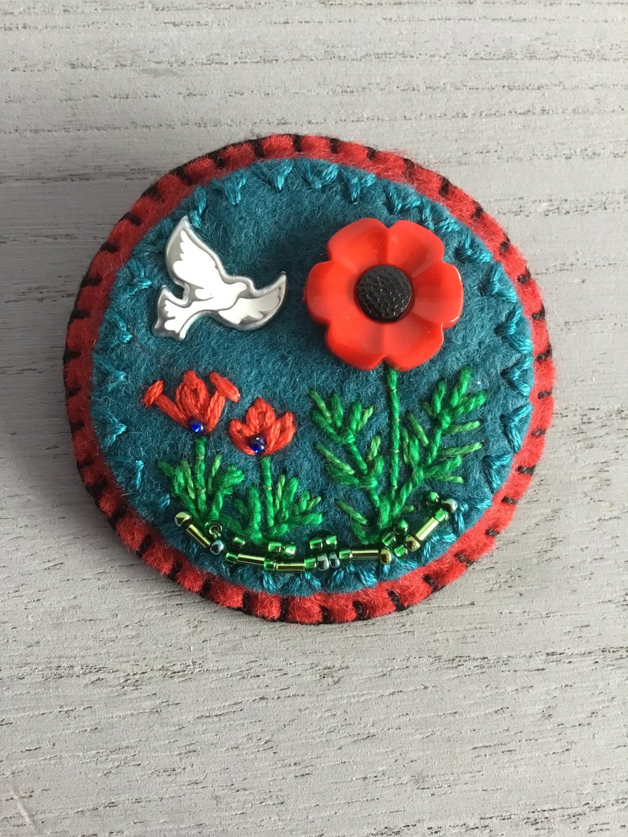 Hand Embroidered Peace Poppy Brooch