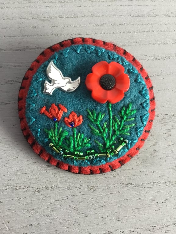 Hand Embroidered Peace Poppy Brooch
