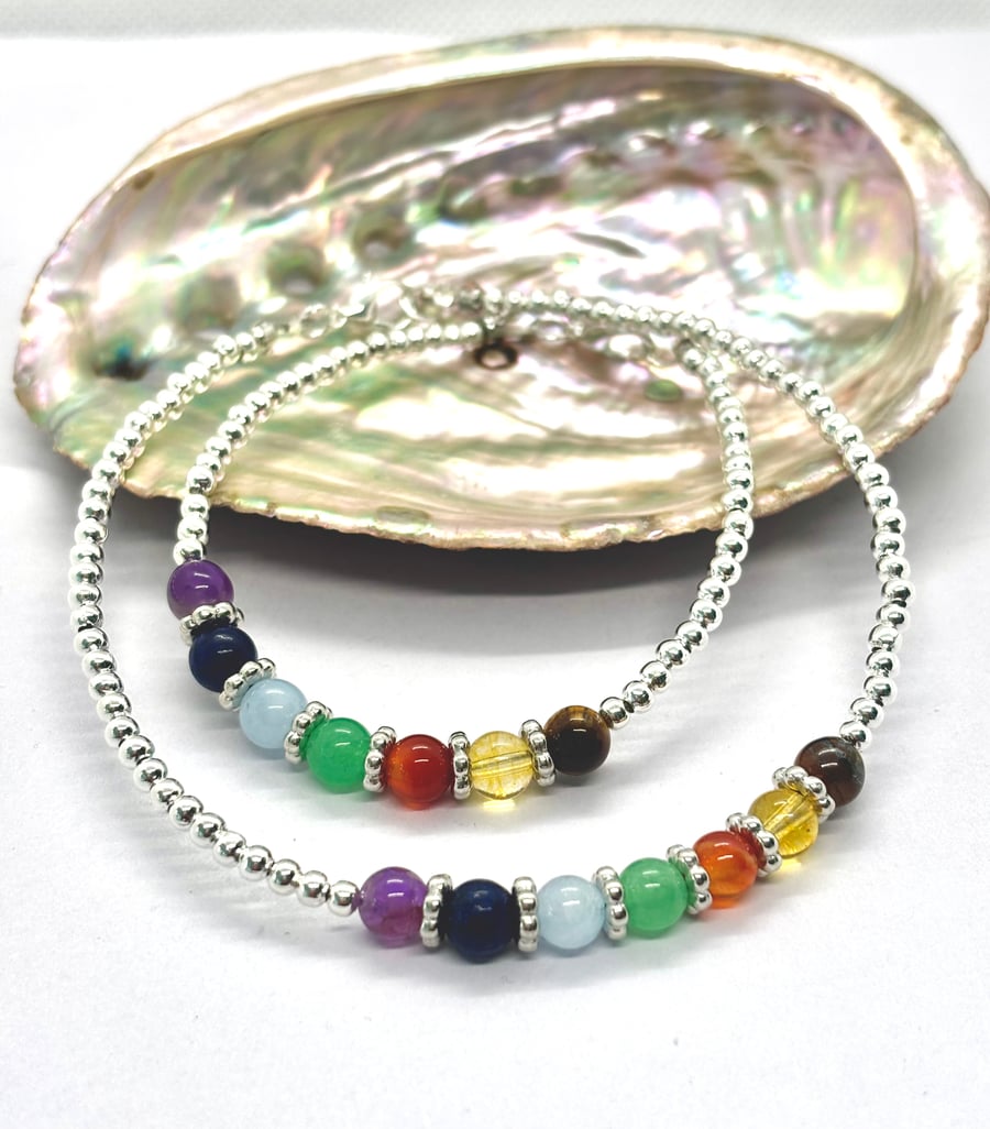Sterling Silver and 7 Chakra gemstone, Anklet & Bracelet  