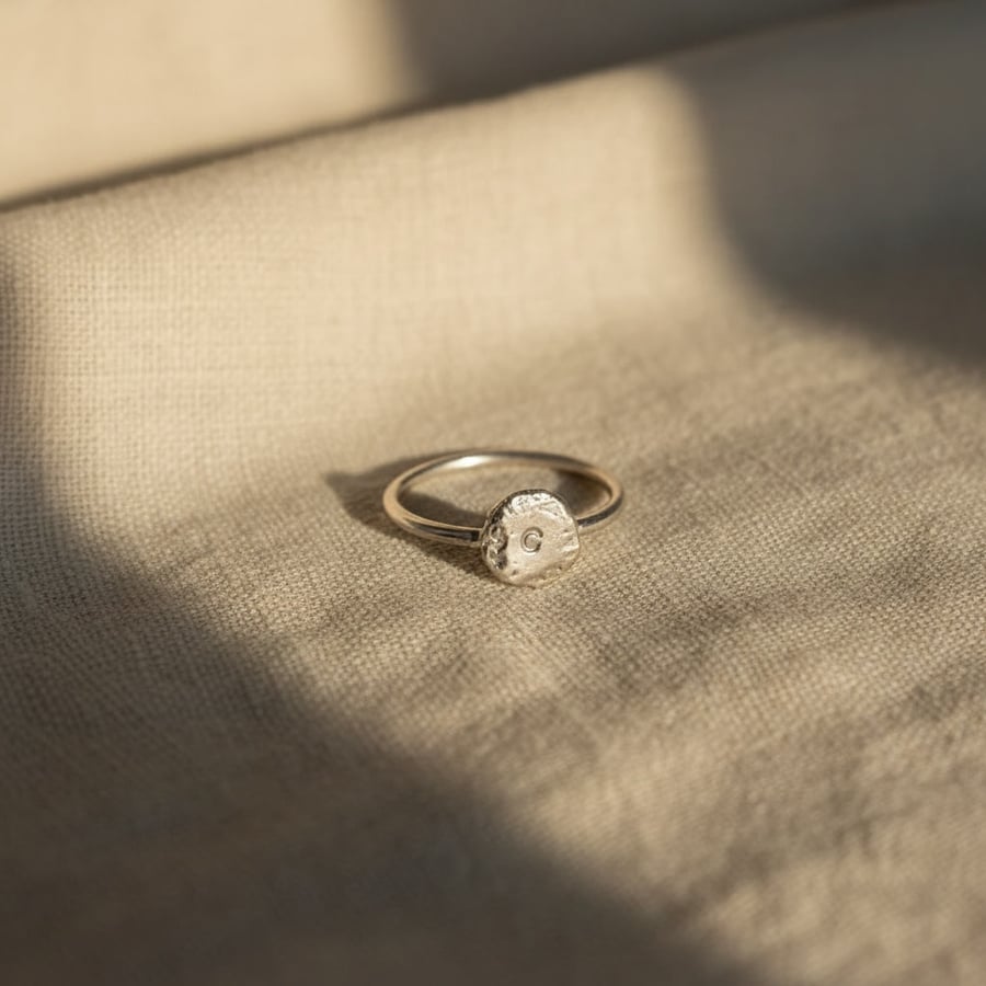 Recycled Sterling Silver Molten Disc Initial Ring – Hand-Stamped Letter A–Z