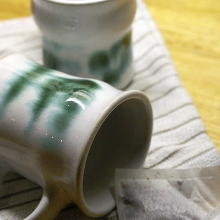 Sale - Pottery mugs - stoneware coffee mugs in white and green set of three for fathers day