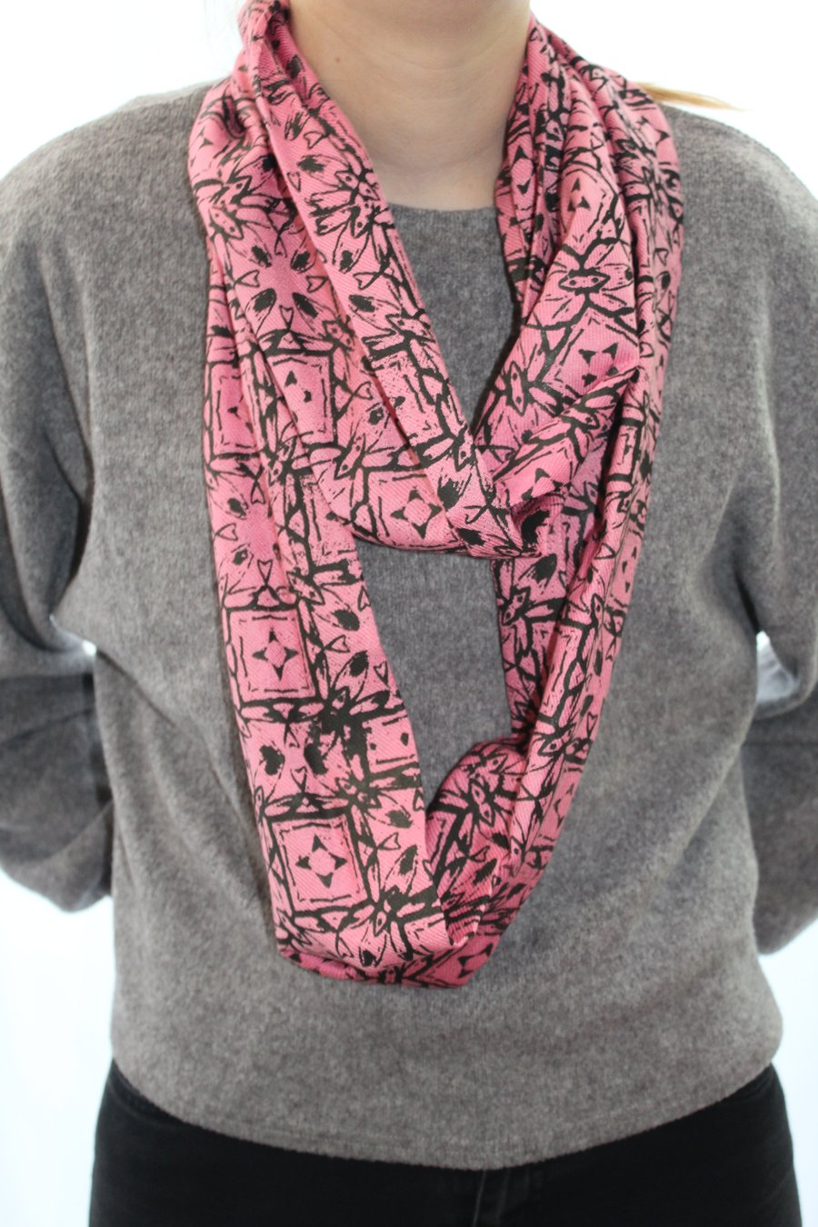  Pink infinity scarf,geometric print,Sunday Seconds, zero waste gift