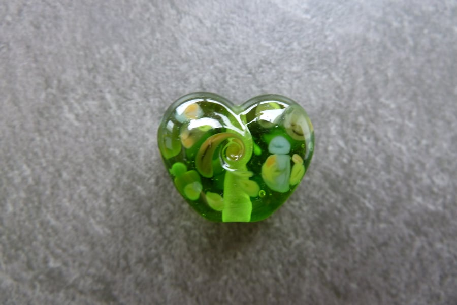 green frit heart, lampwork glass bead