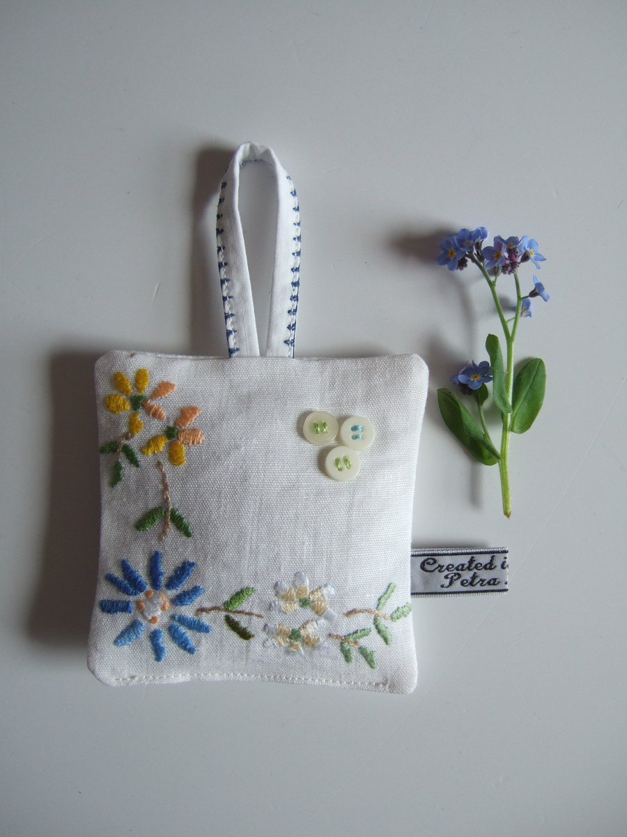 Lavender bag with vintage embroidered flowers and dried Yorkshire lavender. 