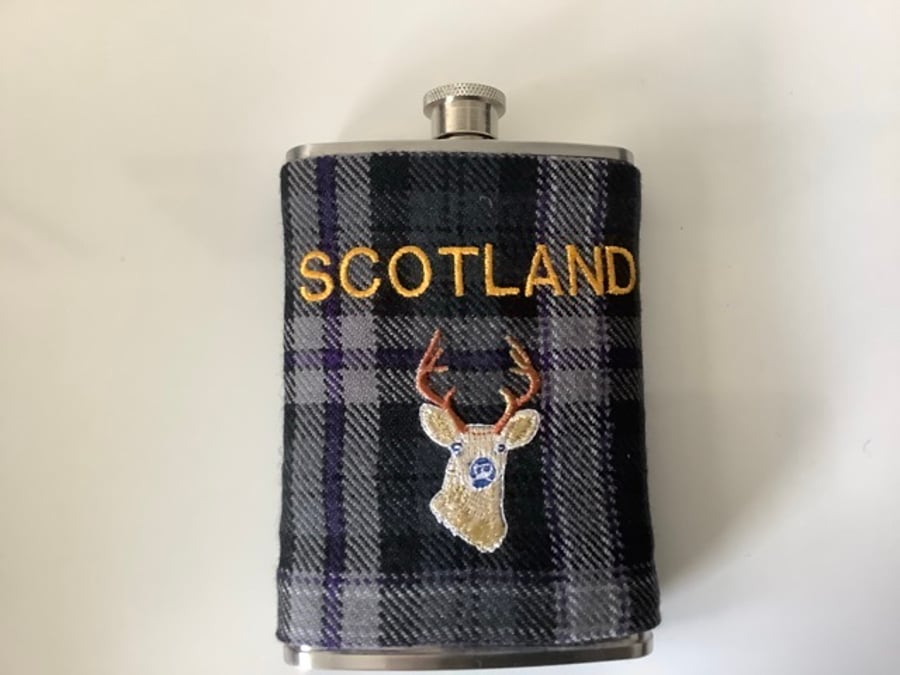 Grey Tartan Scotland and Stag 8oz Hip flask , Ideal Father’s Day gift,