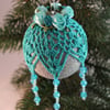Christmas bauble silver and teal crochet lace vintage style, W3