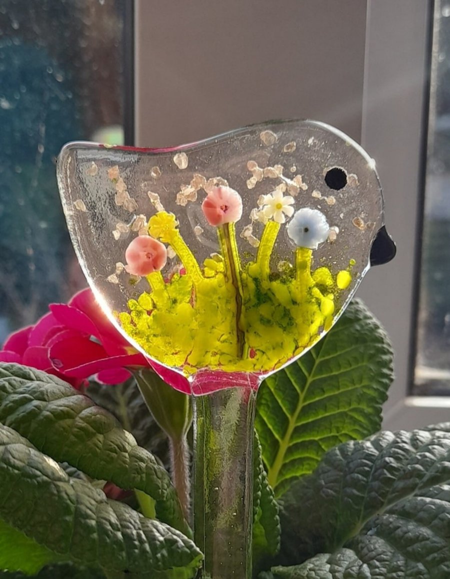 Fused Glass Mini Bird Pot Plant Garden Stake Garden Decor