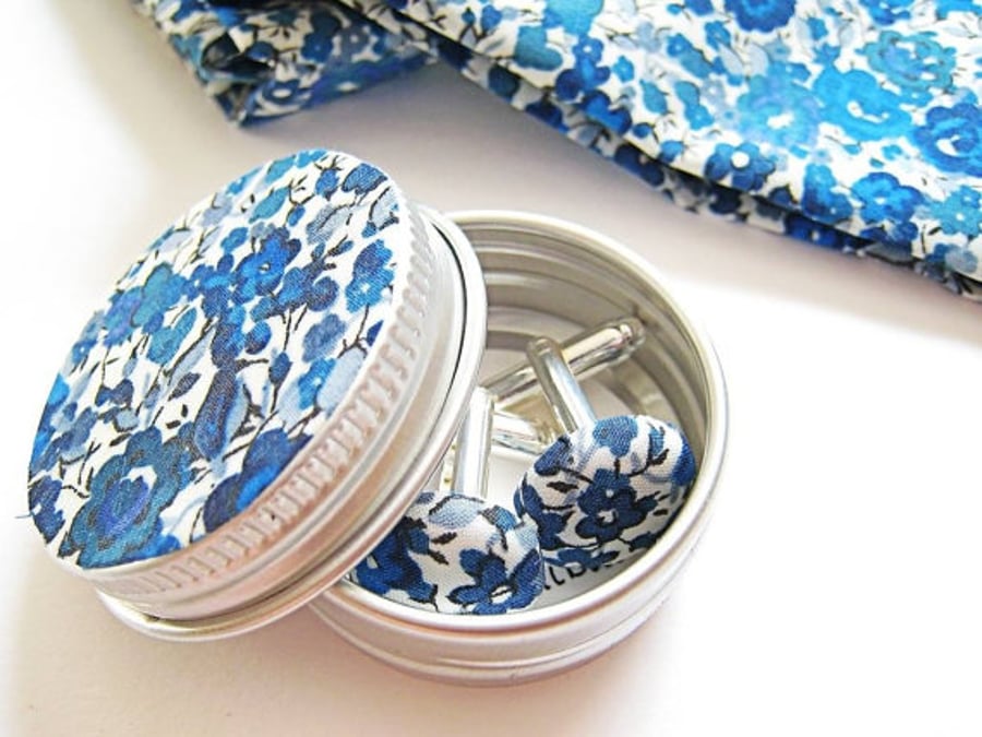 Liberty London custom fabric button cuff links in a matching gift tin. Blues.