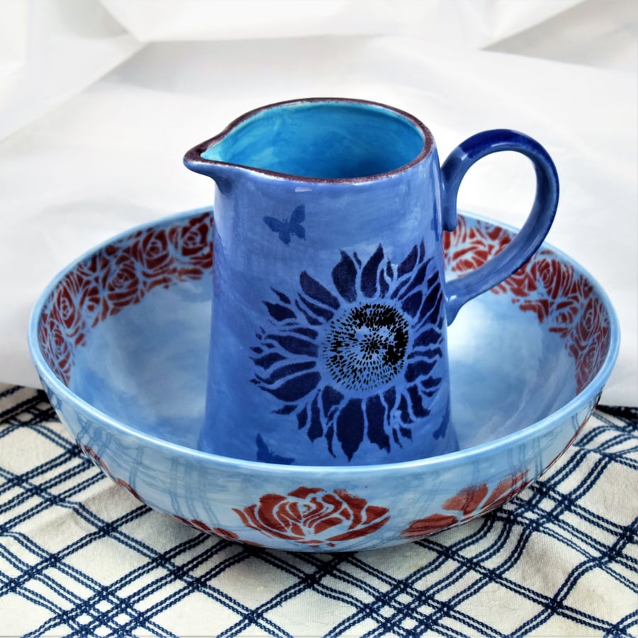 Pottery jug and bowl, Hand painted Glazed, Pottery Gift Set
