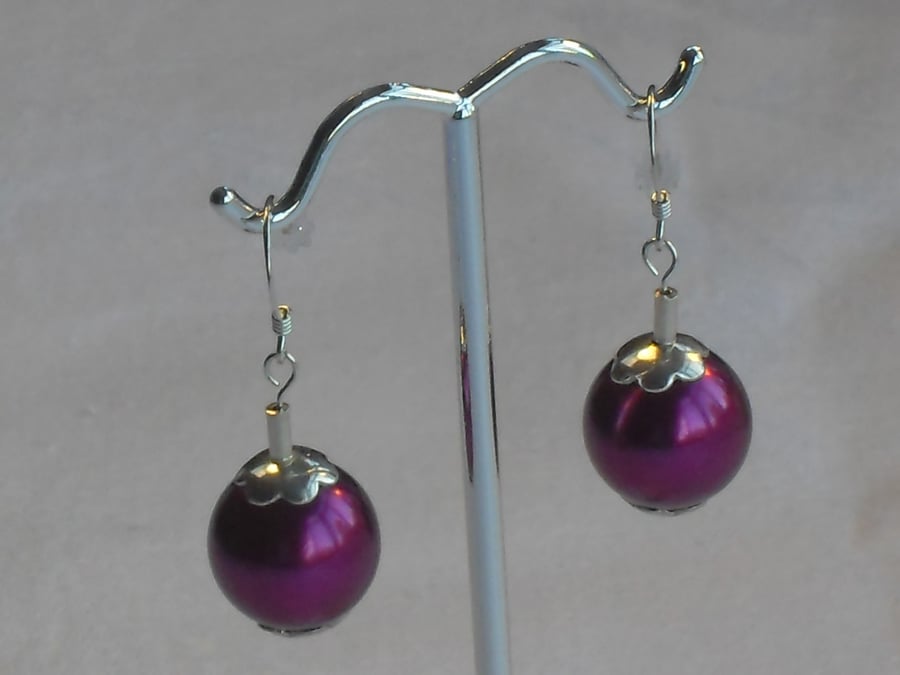 Deep cerise pearl earrings for pierced ears