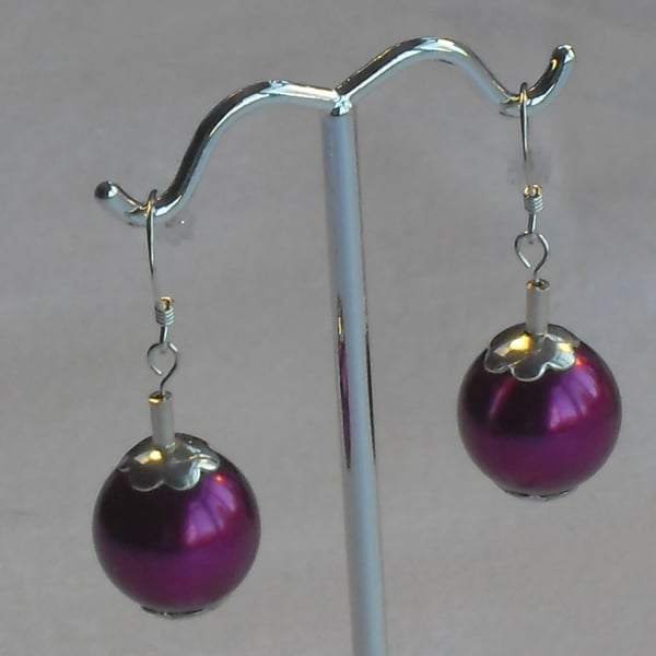 Deep cerise pearl earrings for pierced ears