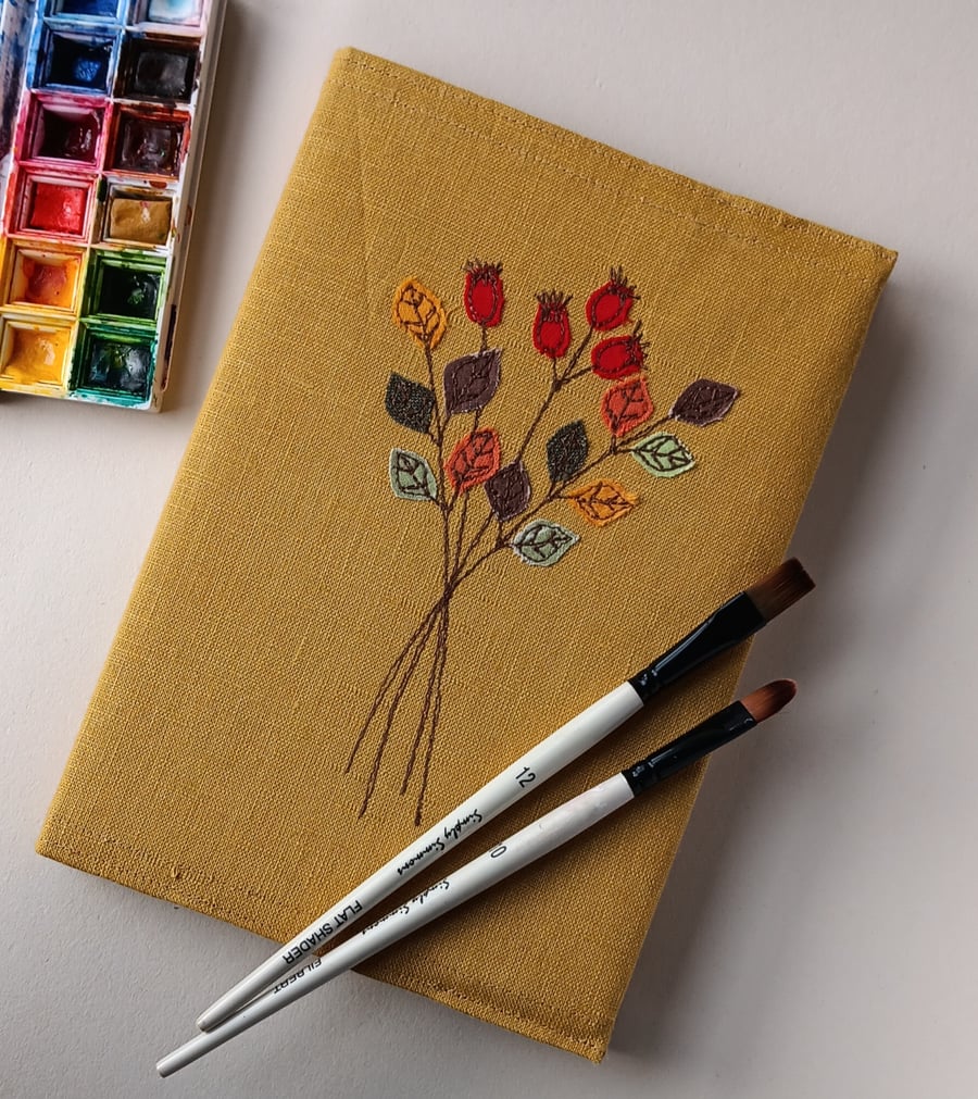 Sketchbook with Embroidered Rosehips on a Removable Cover 