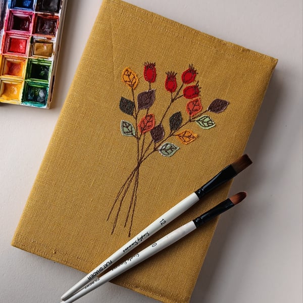 Sketchbook with Embroidered Rosehips on a Removable Cover 