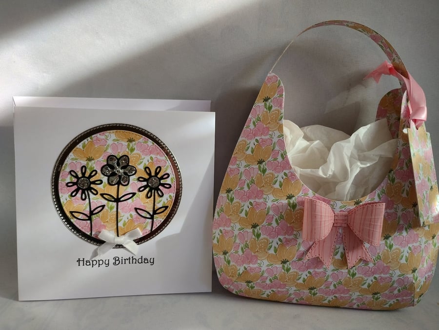 Pink & Peach Floral Hobo Style Gift Bag and Birthday Card 