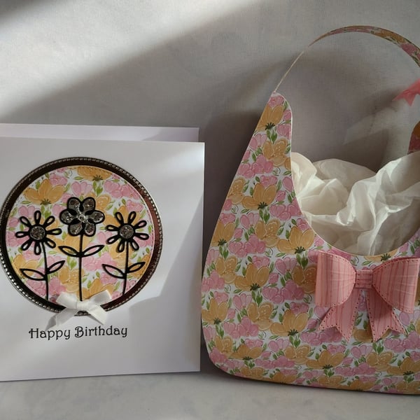Pink & Peach Floral Hobo Style Gift Bag and Birthday Card 