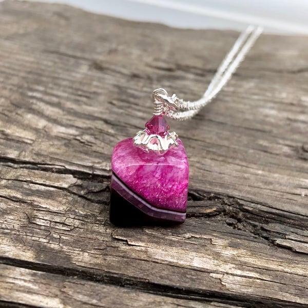 Pink Agate Cube With Karen Hill Tribe Silver and Swarovski Crystal Necklace