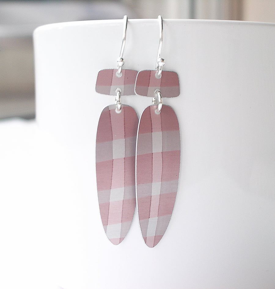 Long dangle earrings in mink and taupe checks