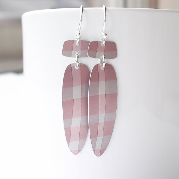 Long dangle earrings in mink and taupe checks