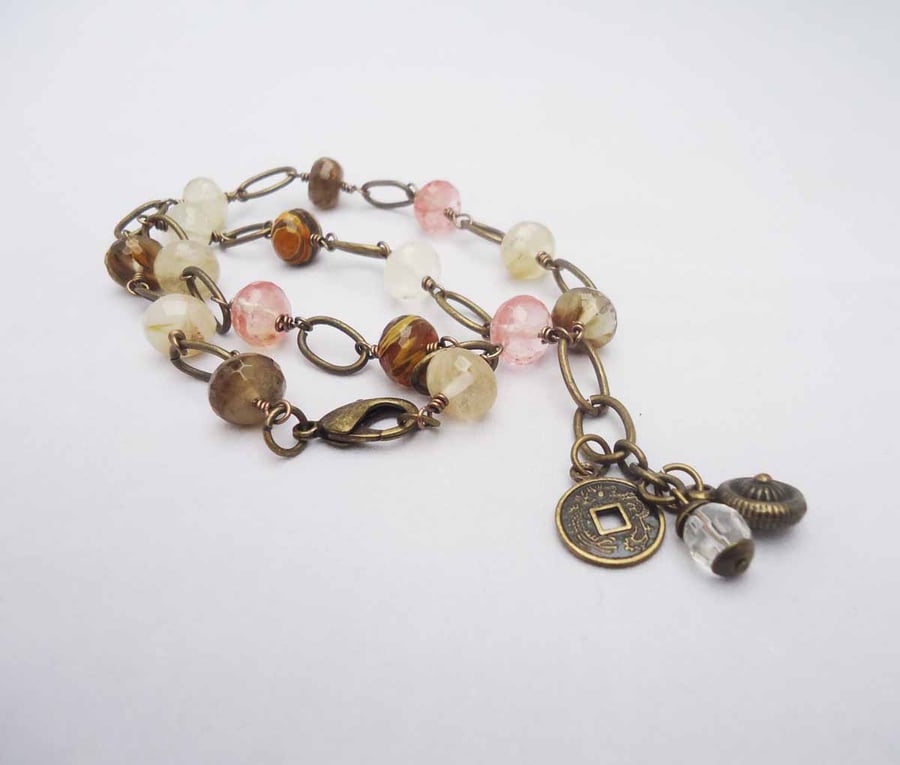Antique Brass With Quartz Necklace, Gemstone Necklace, Pink, Brown, Clear Neckla