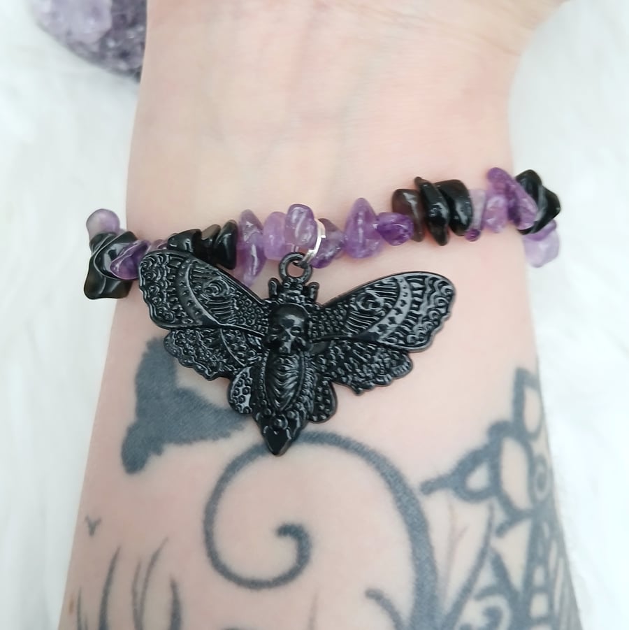 Whimsigoth Black Death Moth Handmade Bracelet with Amethyst & Obsidian