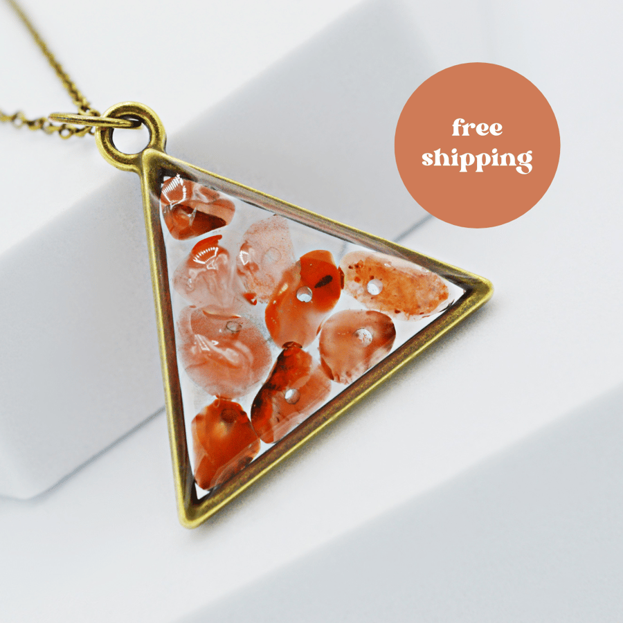 Carnelian Antique Brass plated Triangle Worry Stone Necklace - Free Postage