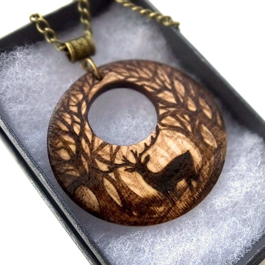 Lone Stag in the forest, pyrography wooden pendant necklace