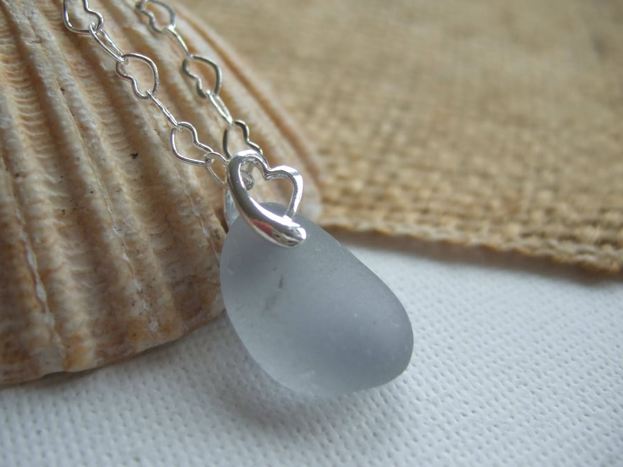 Grey sea glass necklace, Scottish gray beach necklace, heart necklace pendant