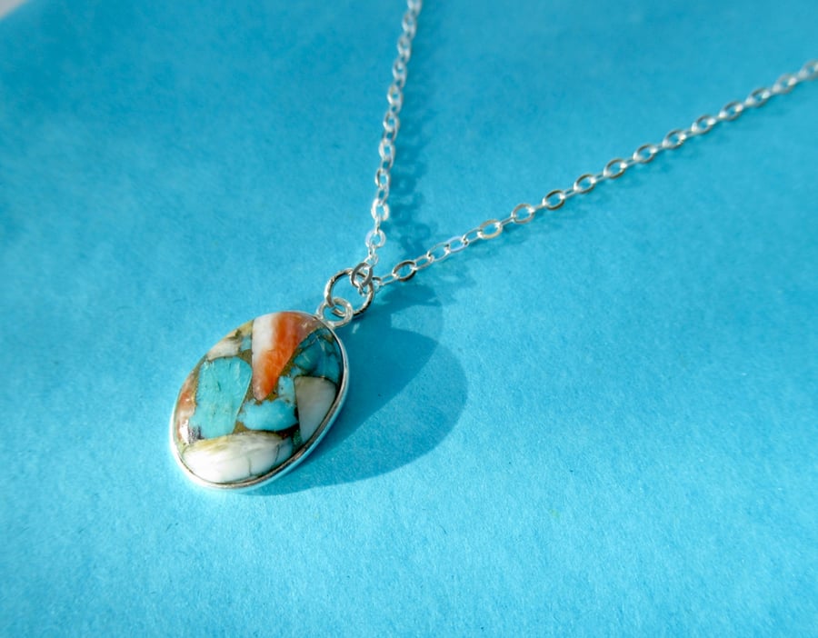 'Patchwork' spiny oyster and turquoise pendant SS necklace