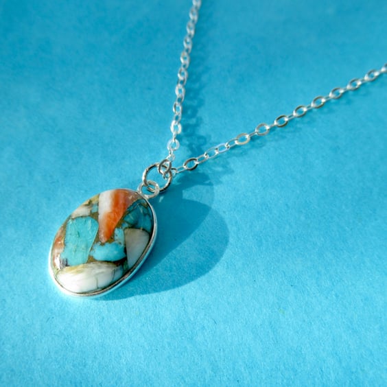 'Patchwork' spiny oyster and turquoise pendant SS necklace