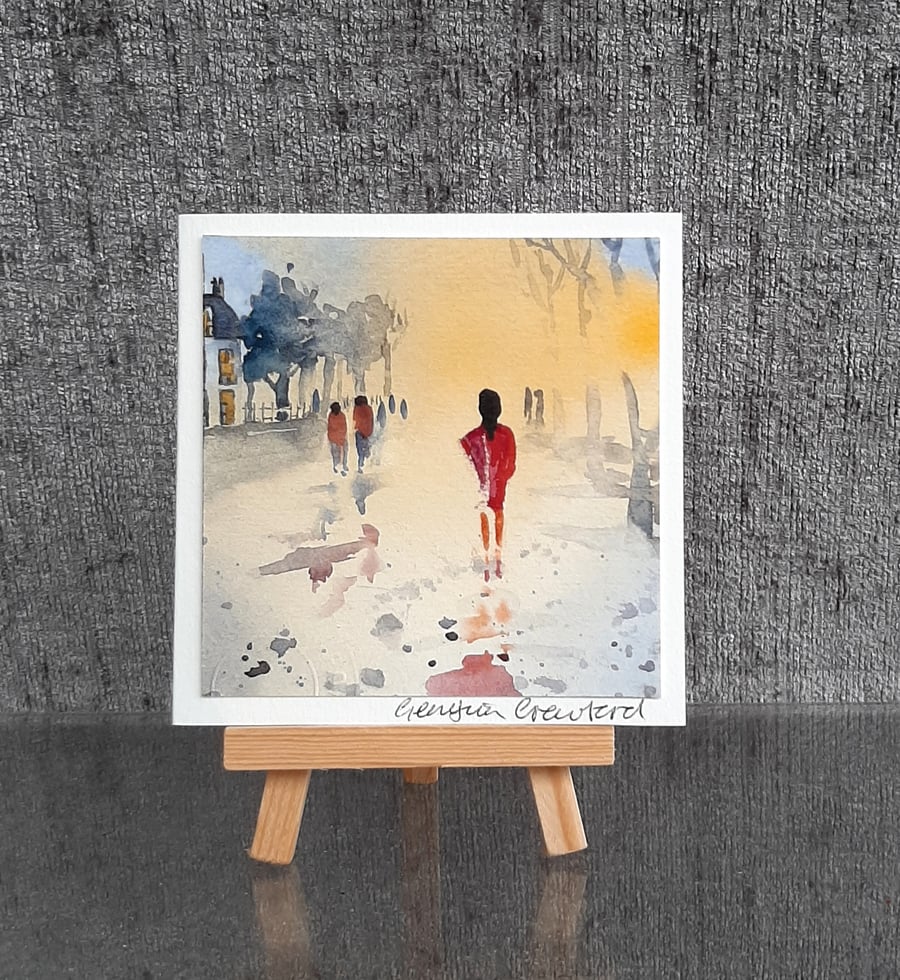 Mini Handpainted Blank Card. A Person in a Red Dress Taking an Evening Walk