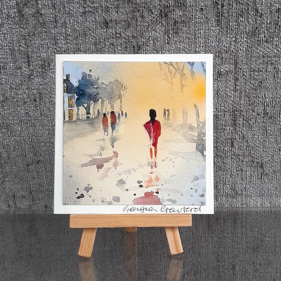 Mini Handpainted Blank Card. A Person in a Red Dress Taking an Evening Walk