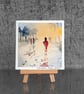 Mini Handpainted Blank Card. A Person in a Red Dress Taking an Evening Walk