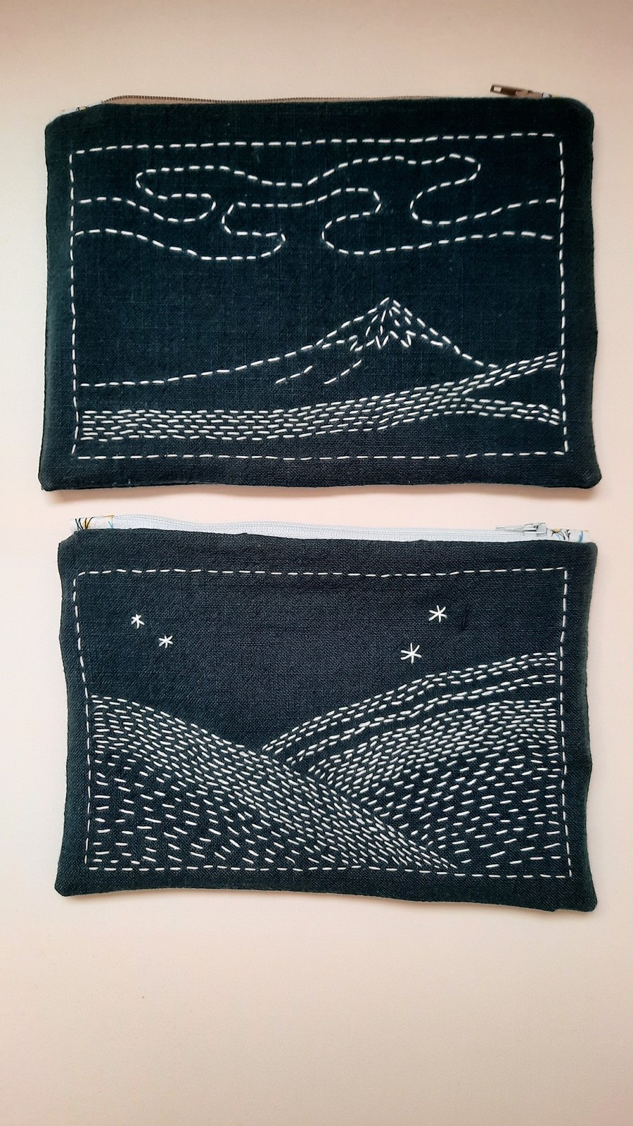 Hand embroidered sashiko-style zipped small bag, with choice of design