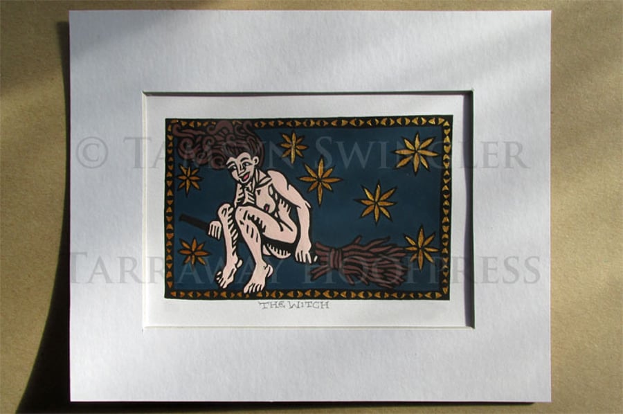 The Witch - Full Colour Lino Print - Hand Coloured - Gold - 