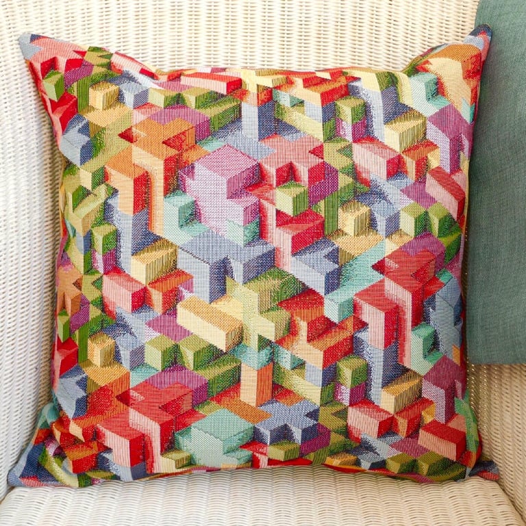 Cushion Cover: Tapestry Blocks design Duck Egg Blue reverse 17"