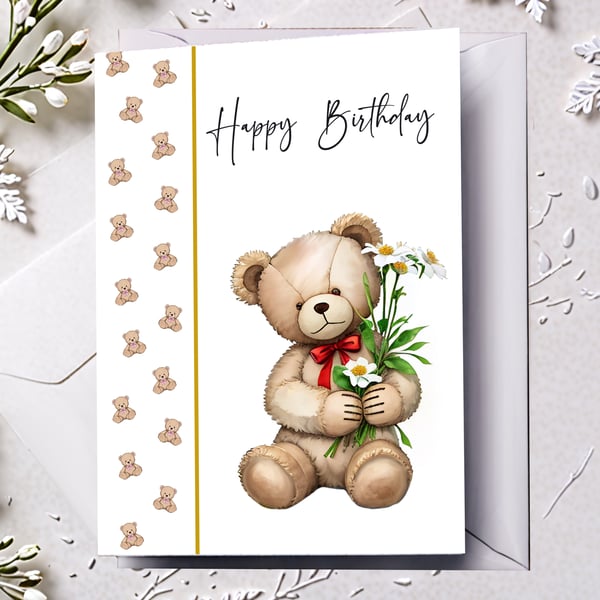 Happy Birthday Card with Teddy Bear Holding Flowers Size 5" x 7"