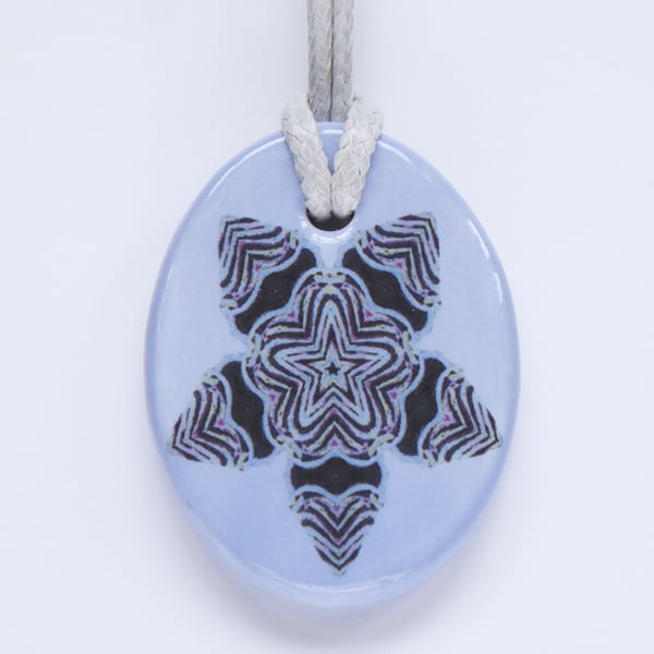 Mauve Stylised Flower Design Ceramic Pendant on Grey Cord with Lobster Clasp