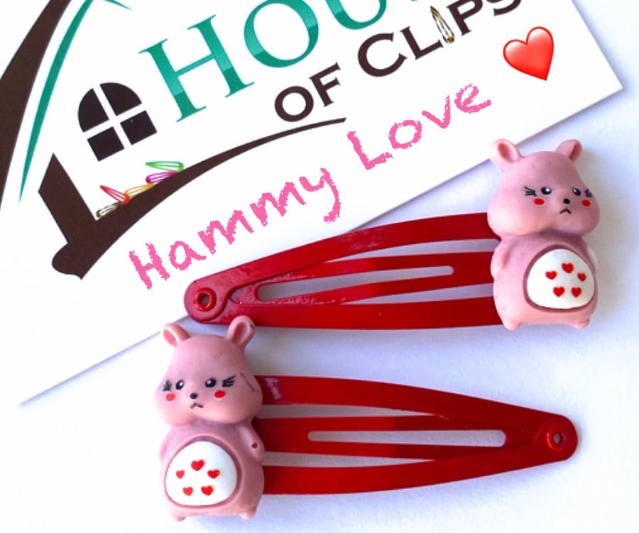 Hammy Love Hair Clips x2 - Hamster Non Slip Barrettes - Great Gift For Girls - C
