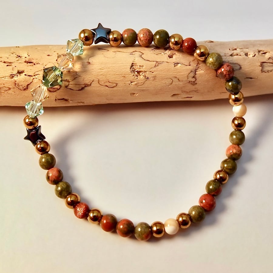 Swarovski Crystal And Unakite Bracelet With Hematite Stars - Handmade In Devon