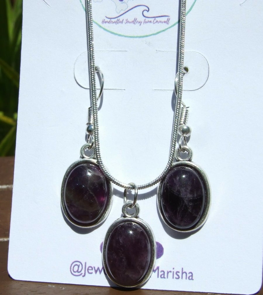 Amethyst Crystal Reiki Healing Silver Plated Oval Necklace & Earrings Gift Set