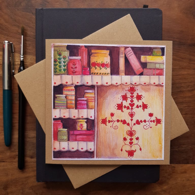 Folk kitchen with vintage containers blank card, keepsake from my original art