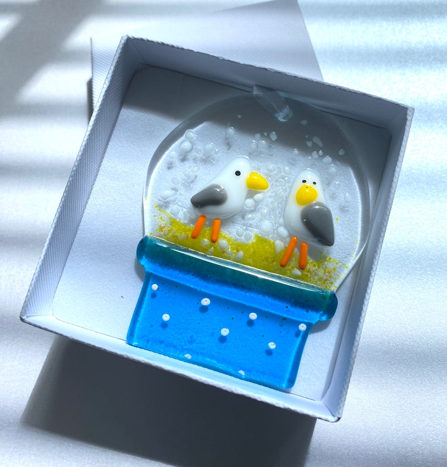 Fused glass seagull snowglobe 