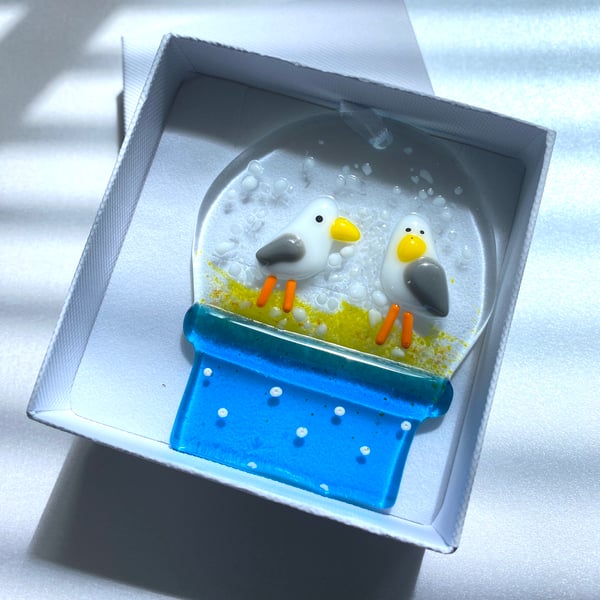 Fused glass seagull snowglobe 