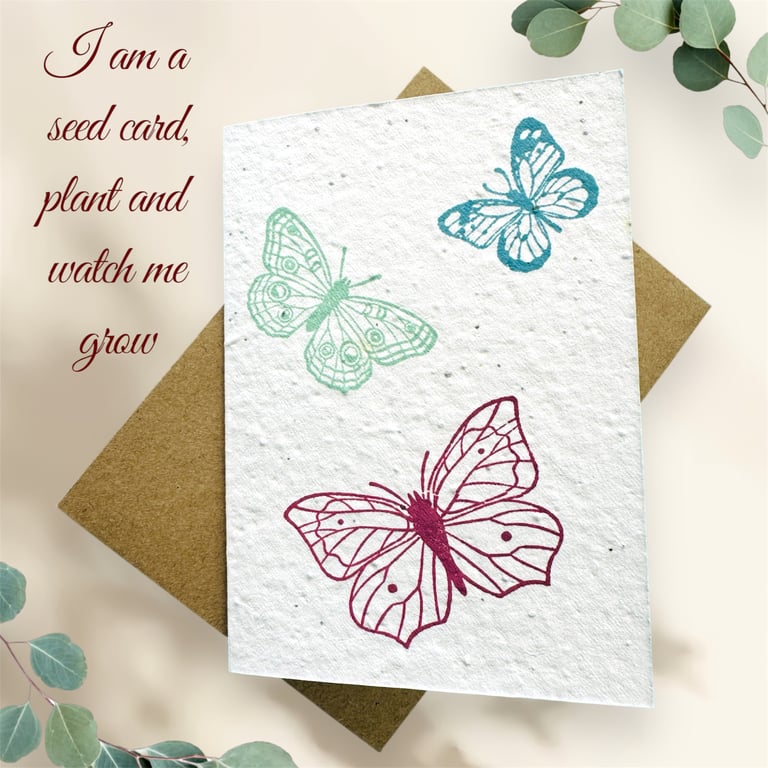 Seed  card with butterflies. Blank. Plantable eco card, wildflowers.  