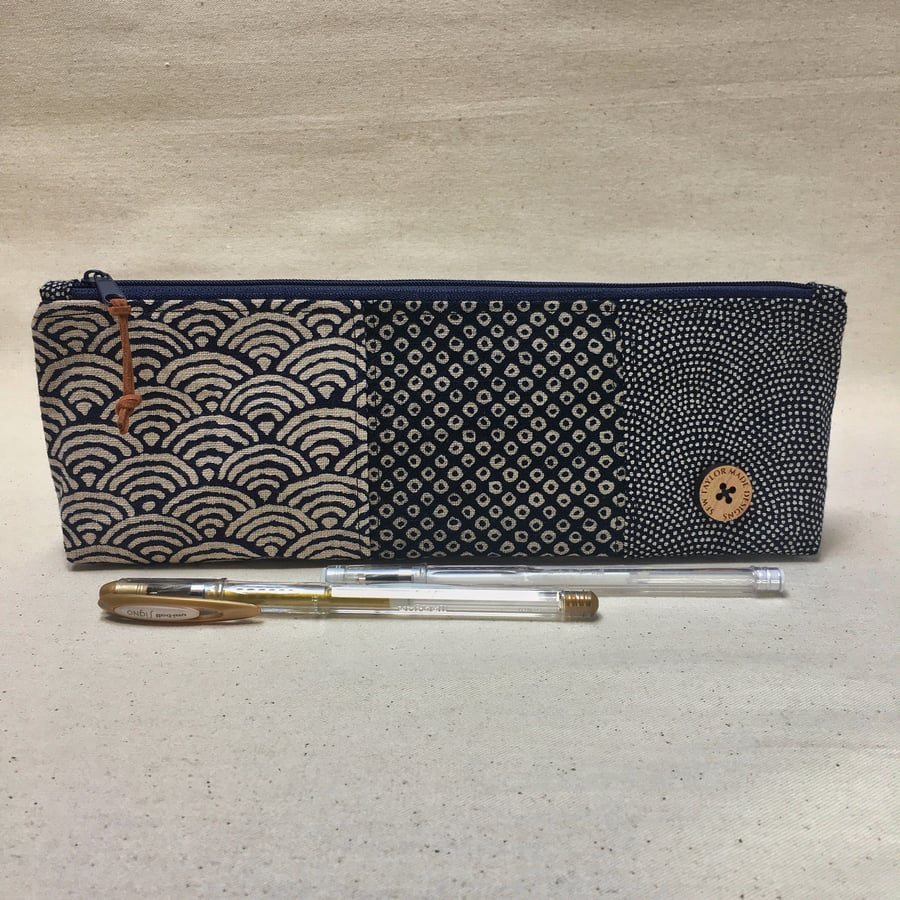 Black and Blue Patchwork Japanese Fabric Pencil Pouch or Case