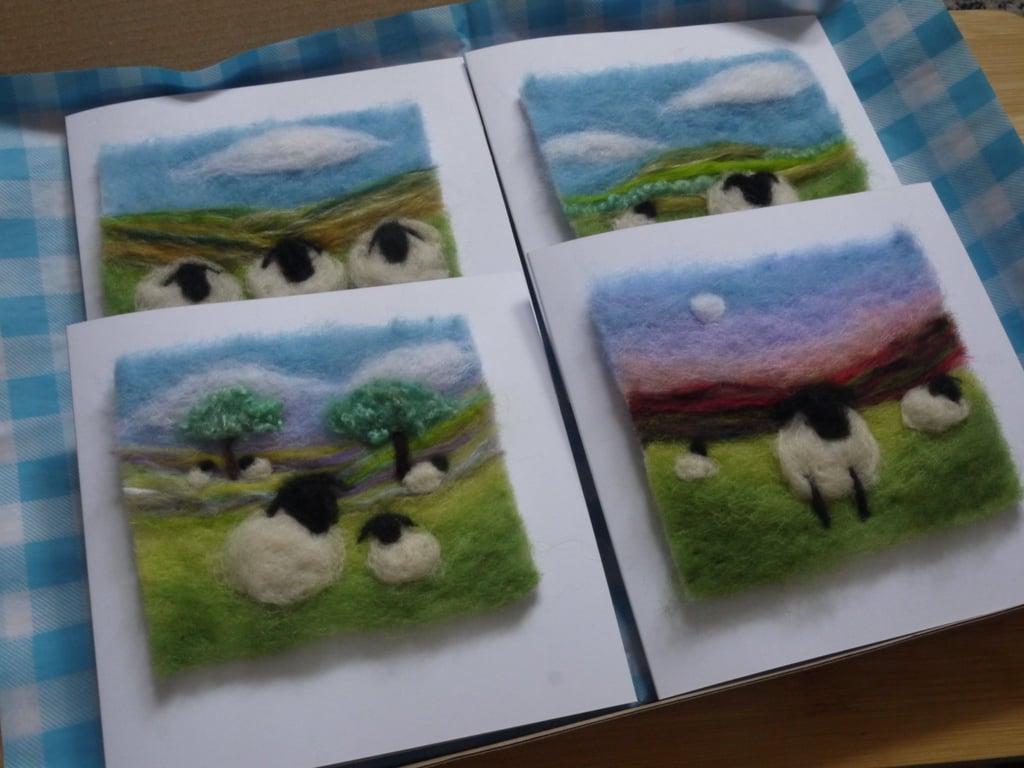 Set of 4 Needle felted Sheep themed cards letterbox collection
