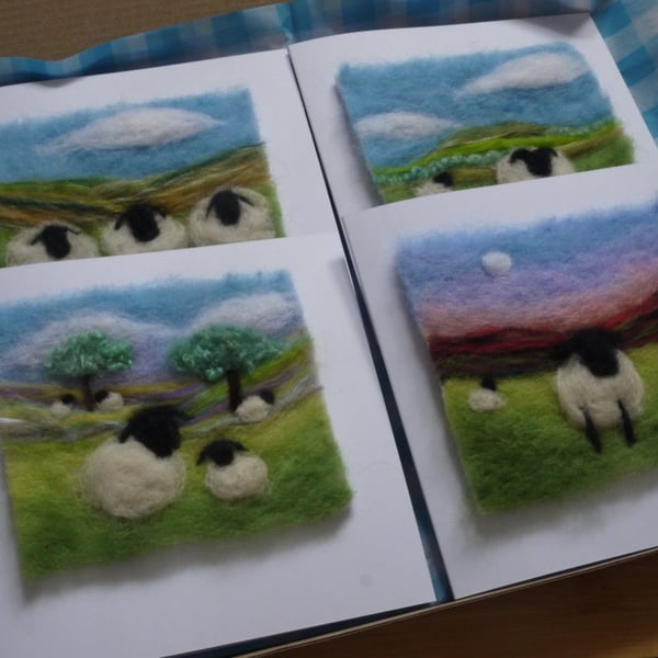 Set of 4 Needle felted Sheep themed cards letterbox collection